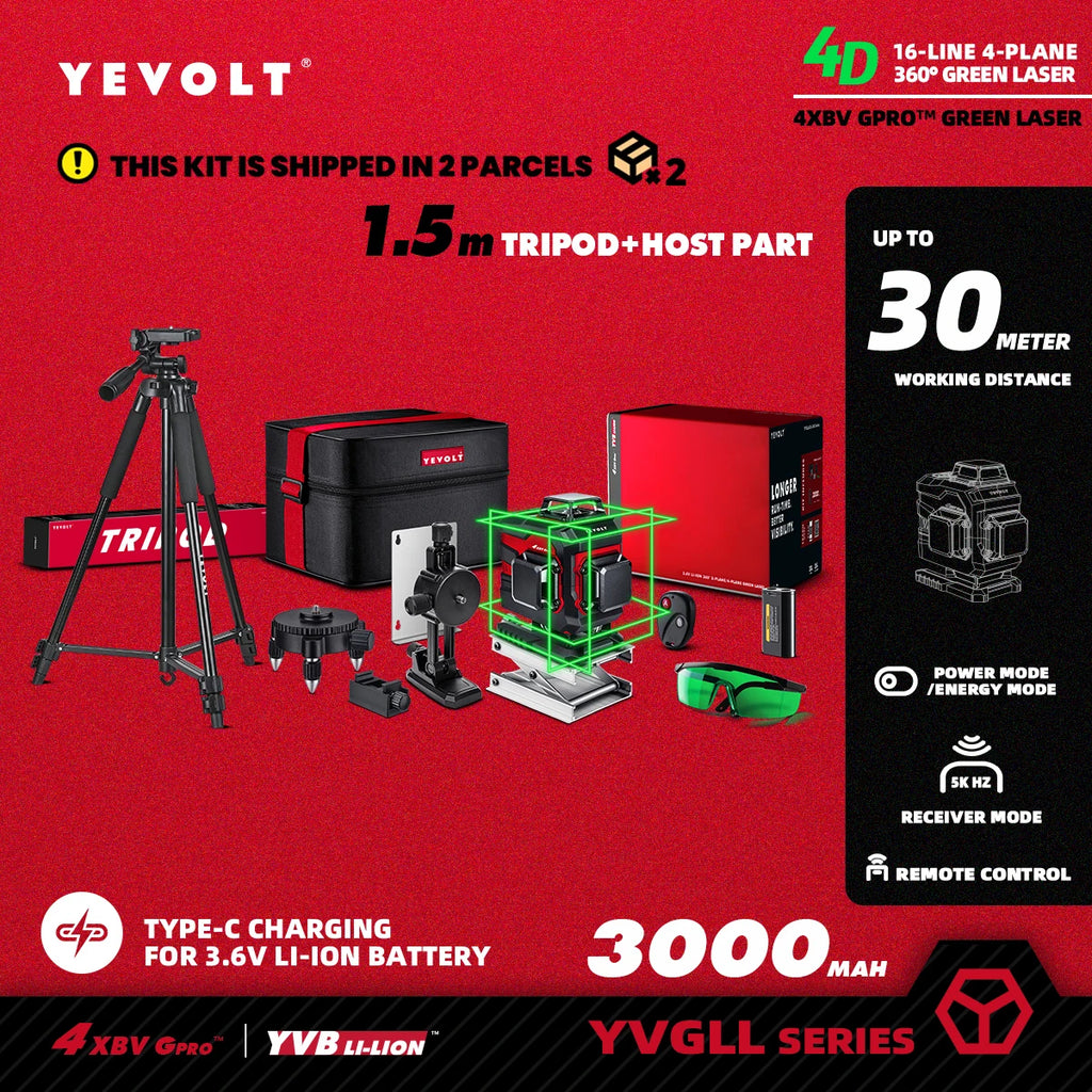 YEVOLT YVGLL4XS16 Series Green Laser Level 4-Plane 16-Line Self-leveling 360 3D Horizontal & Vertical Power Measuring Tools