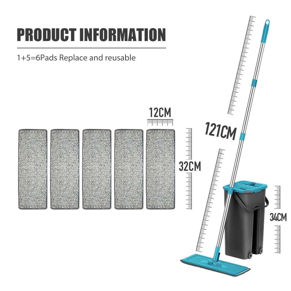 Hands-Free Flat Floor Mop & Bucket Set – Washable Microfiber Pads for Hardwood