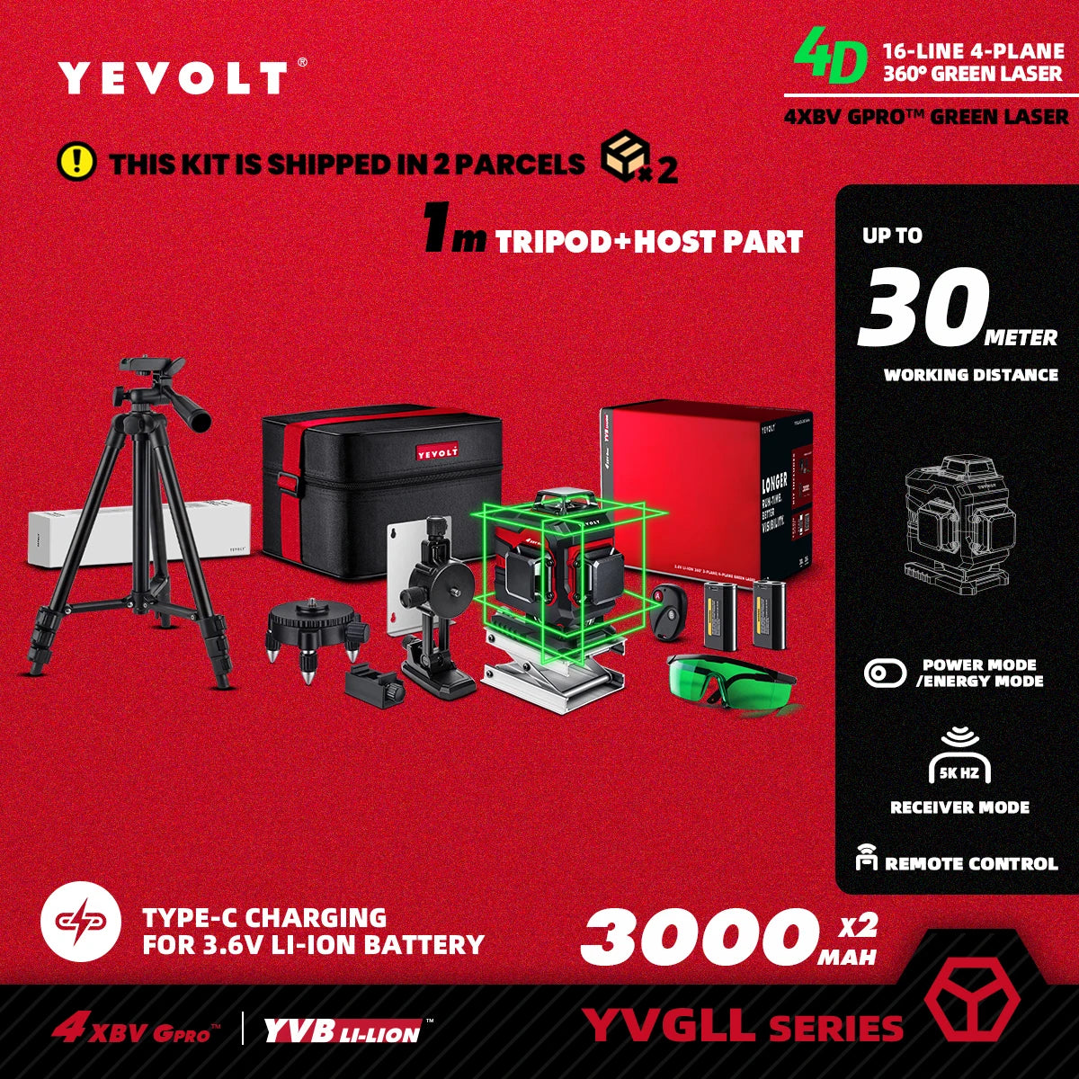 YEVOLT YVGLL4XS16 Series Green Laser Level 4-Plane 16-Line Self-leveling 360 3D Horizontal & Vertical Power Measuring Tools