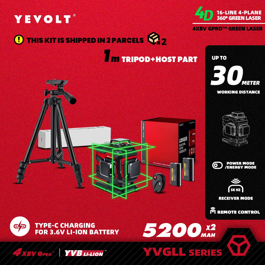 YEVOLT YVGLL4XS16 Series Green Laser Level 4-Plane 16-Line Self-leveling 360 3D Horizontal & Vertical Power Measuring Tools