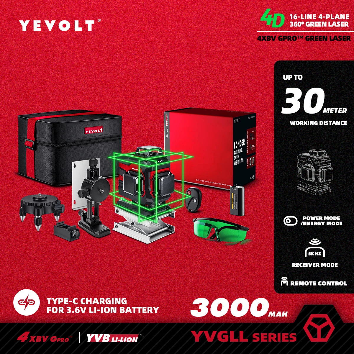 YEVOLT YVGLL4XS16 16 Lines 4-Plane Green Laser Level Tools 4D with 3Ah/5.2Ah Power Self-Leveling Machine Horizontal & Vertical