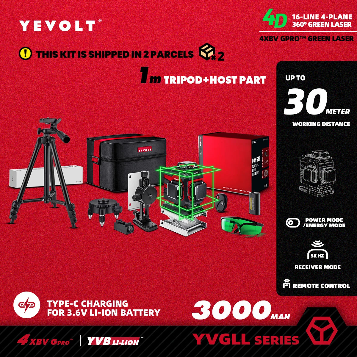 YEVOLT YVGLL4XS16 16 Lines 4-Plane Green Laser Level Tools 4D with 3Ah/5.2Ah Power Self-Leveling Machine Horizontal & Vertical