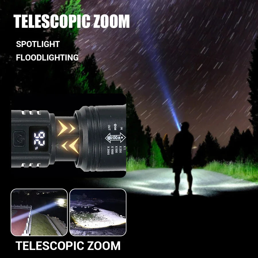 High-Power LED Tactical Flashlight 2000LM – USB Rechargeable Zoom Torch with Display
