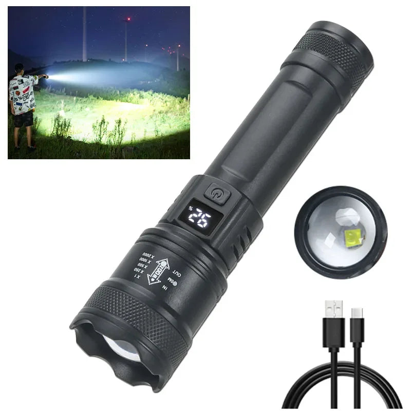 High-Power LED Tactical Flashlight 2000LM – USB Rechargeable Zoom Torch with Display