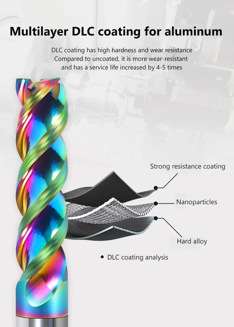 HRC65 DLC Color Coated High Gloss Aluminum Milling Cutter Special CNC U-groove Integral Tungsten Steel 3 Flute Carbide End Mill