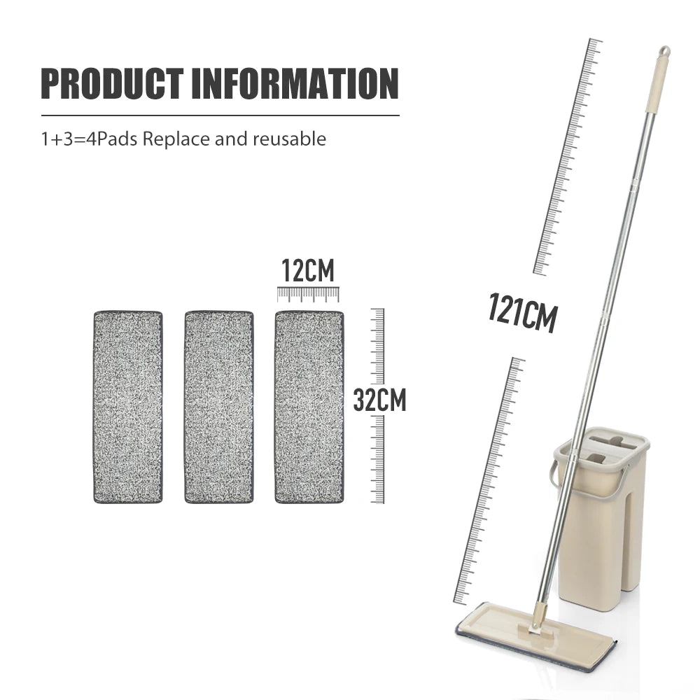 Hands-Free Flat Floor Mop & Bucket Set – Washable Microfiber Pads for Hardwood