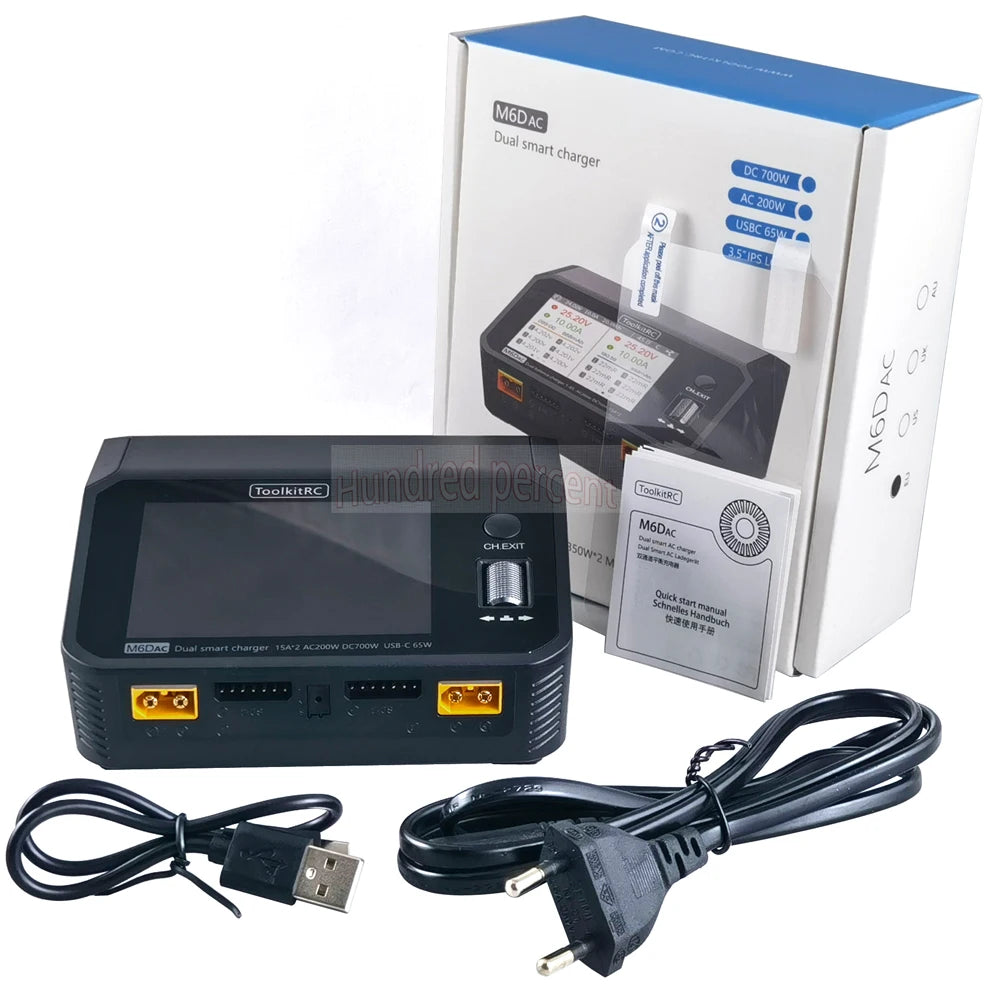 NEW ToolkitRC M6DAC Dual Channel Smart Lipo Battery Charger Discharger AC 200W DC 350WX2 15A for 1-6S LiHV PD 65W