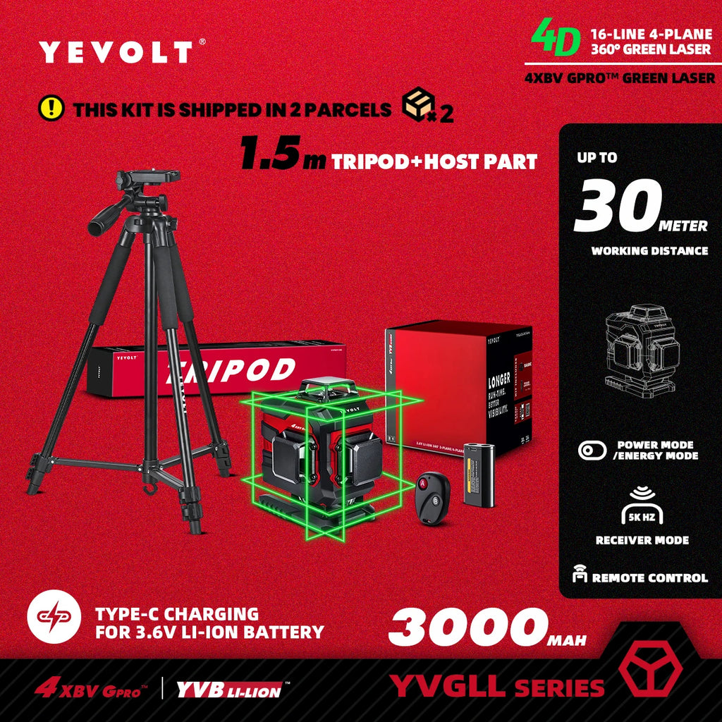 YEVOLT YVGLL4XS16 Series Green Laser Level 4-Plane 16-Line Self-leveling 360 3D Horizontal & Vertical Power Measuring Tools