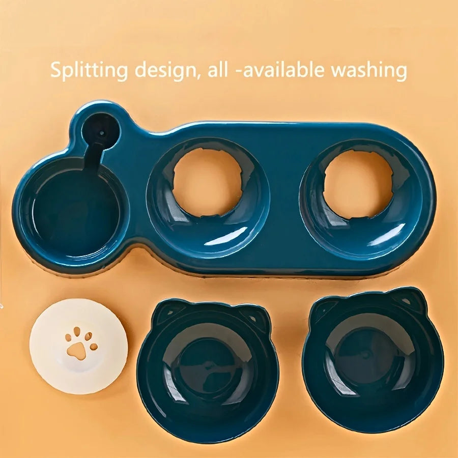 3-in-1 Cat Water & Food Bowl Set – Gravity Water Bottle with Tilted Ear Design