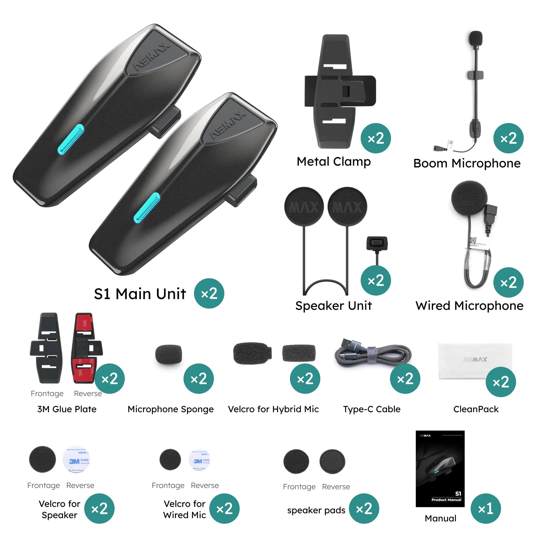ASMAX S1 Helmet Bluetooth Headset Voice Control Motorcycle Communication Systems 8 Riders Helmet Intercom with FM Radio ENC/IPX7