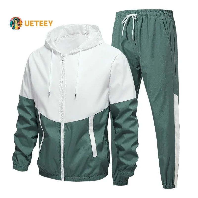 Spring and Autumn Men'S Hooded Sports Leisure 2-Piece Sets New Fashion Jacket and Pants Hip Hop Casual Running Sportswear Men